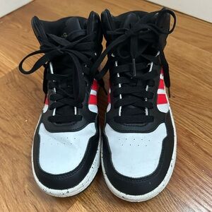 Adidas Youth Black and White Sneakers with Red Stripes